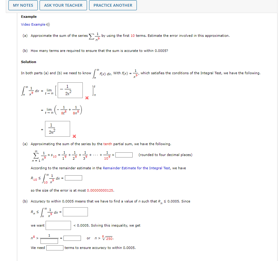 My Notes Ask Your Teacher Practice Another Example Video Example A Approximate The Sum Of The Series By Using The Fir 1