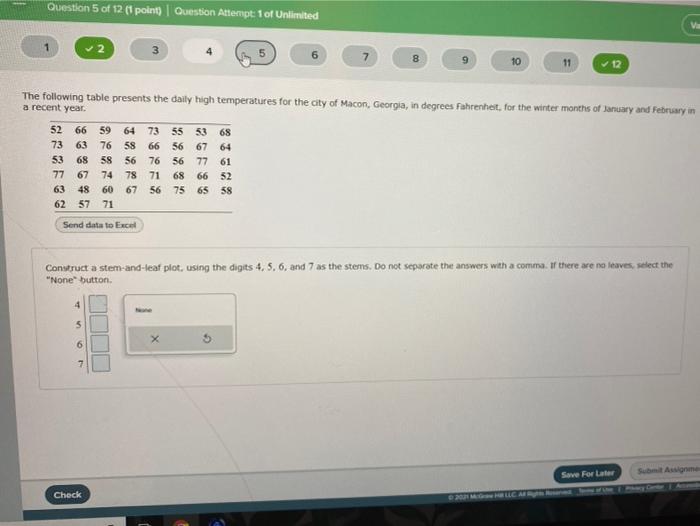 Question 5 Of 12 Point Question Attempt 1 Of Unlimited 3 6 7 8 9 10 11 12 The Following Table Presents The Daily High T 1