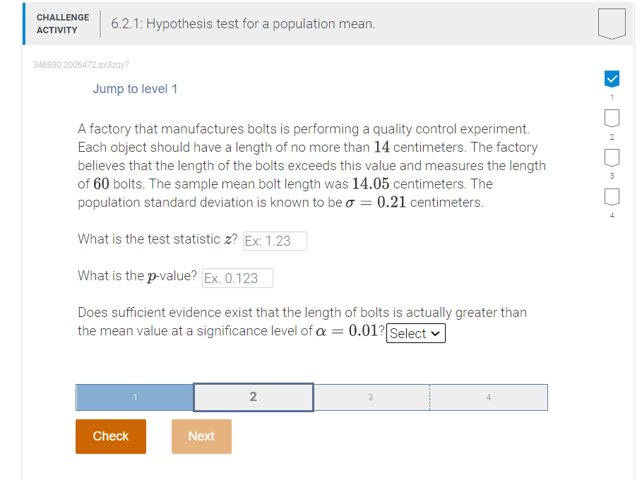 Challenge Activity 6 2 1 Hypothesis Test For A Population Mean 346930 2006472 Qx3zqy7 Jump To Level 1 1 2 A Factory Th 1