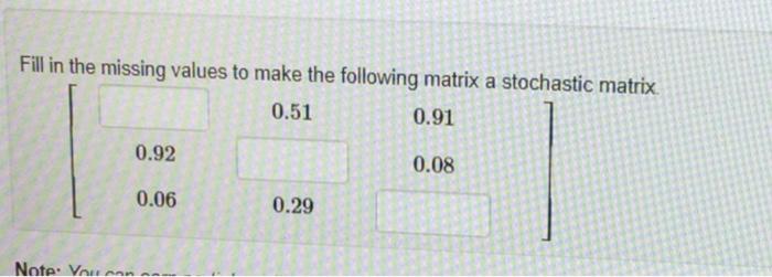 Fill In The Missing Values To Make The Following Matrix A Stochastic Matrix 0 51 0 91 0 92 0 08 0 06 0 29 Note Vous 1