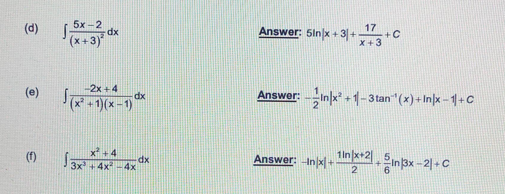 D 5x 2 Dx X 3 17 Answer 5in X 31 C X 3 E St Dx 2x 4 X 1 X 1 Answer In X 1 3 Tan X 1
