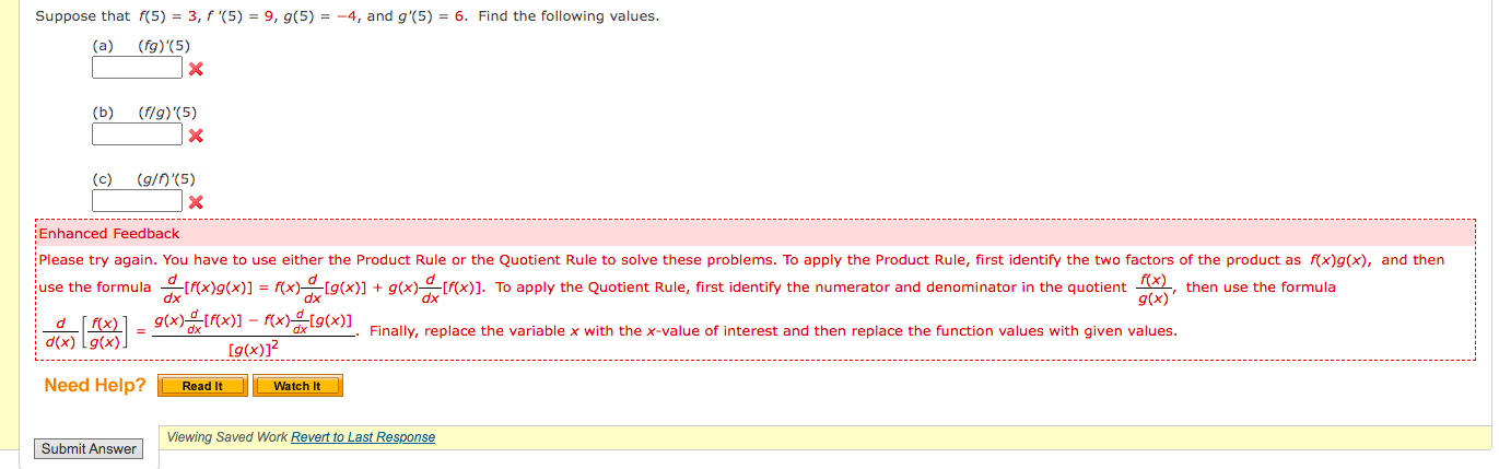 Suppose That F 5 3 F 5 9 9 5 4 And G 5 6 Find The Following Values A Fg 5 X B F G 5 X 1