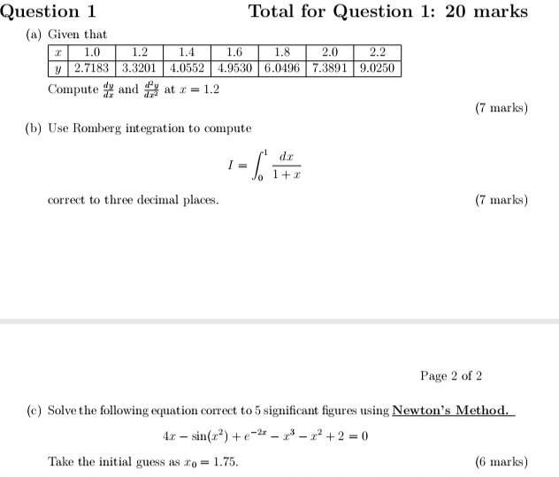 1 4 1 6 Question 1 Total For Question 1 20 Marks A Given That 2 1 0 1 2 1 8 2 0 2 2 Y 2 7183 3 3201 4 0552 4 9530 6 1