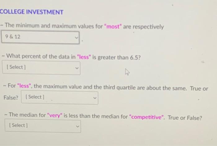 College Investment The Minimum And Maximum Values For Most Are Respectively 9 12 What Percent Of The Data In Le 1