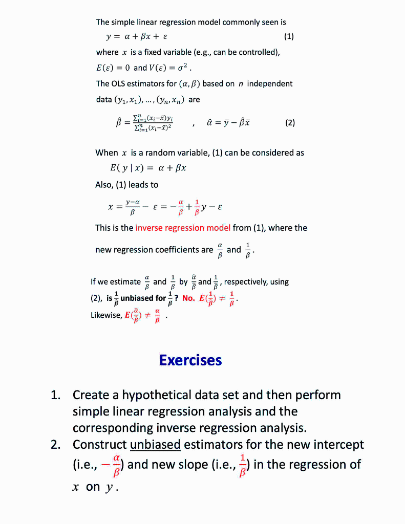 The Simple Linear Regression Model Commonly Seen Is Y A Bx E 1 Where X Is A Fixed Variable E G Can Be Control 1