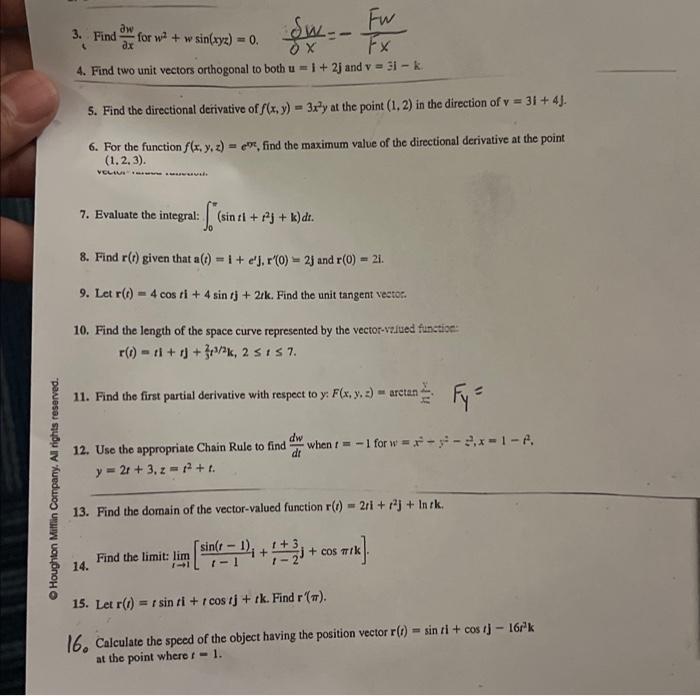3 Find Aw For W2 W Sin Xyz 0 Ax Ox Fx 4 Find Two Unit Vectors Orthogonal To Both U 1 2 And V 3i K 5 Find 1