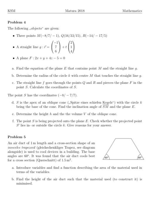 Ksm Matura 2018 Mathematics Problem 4 The Following Objects Are Given Three Points 8 7 1 Q 16 33 15 R 14 1 1