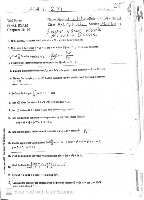 25 Math 271 Test Form Name Mahbubur Khan Date 05 04 2622 Final Exam Class Beb Cplinski Section Math271 Chapters 10 14 S 1