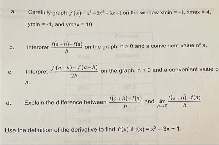 A Carefully Graph F X X 3x 3x 1 On The Window Xmin 1 Xmax 4 Ymin 1 And Ymax 10 B Interpret F A H 1