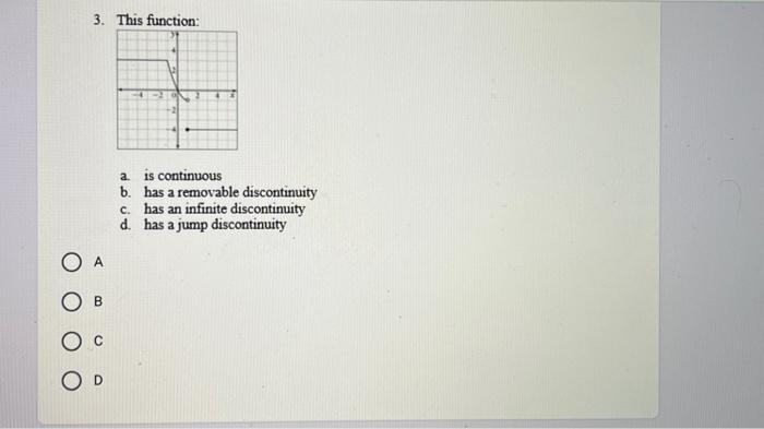 3 This Function A Is Continuous B Has A Removable Discontinuity C Has An Infinite Discontinuity D Has A Jump Discon 1