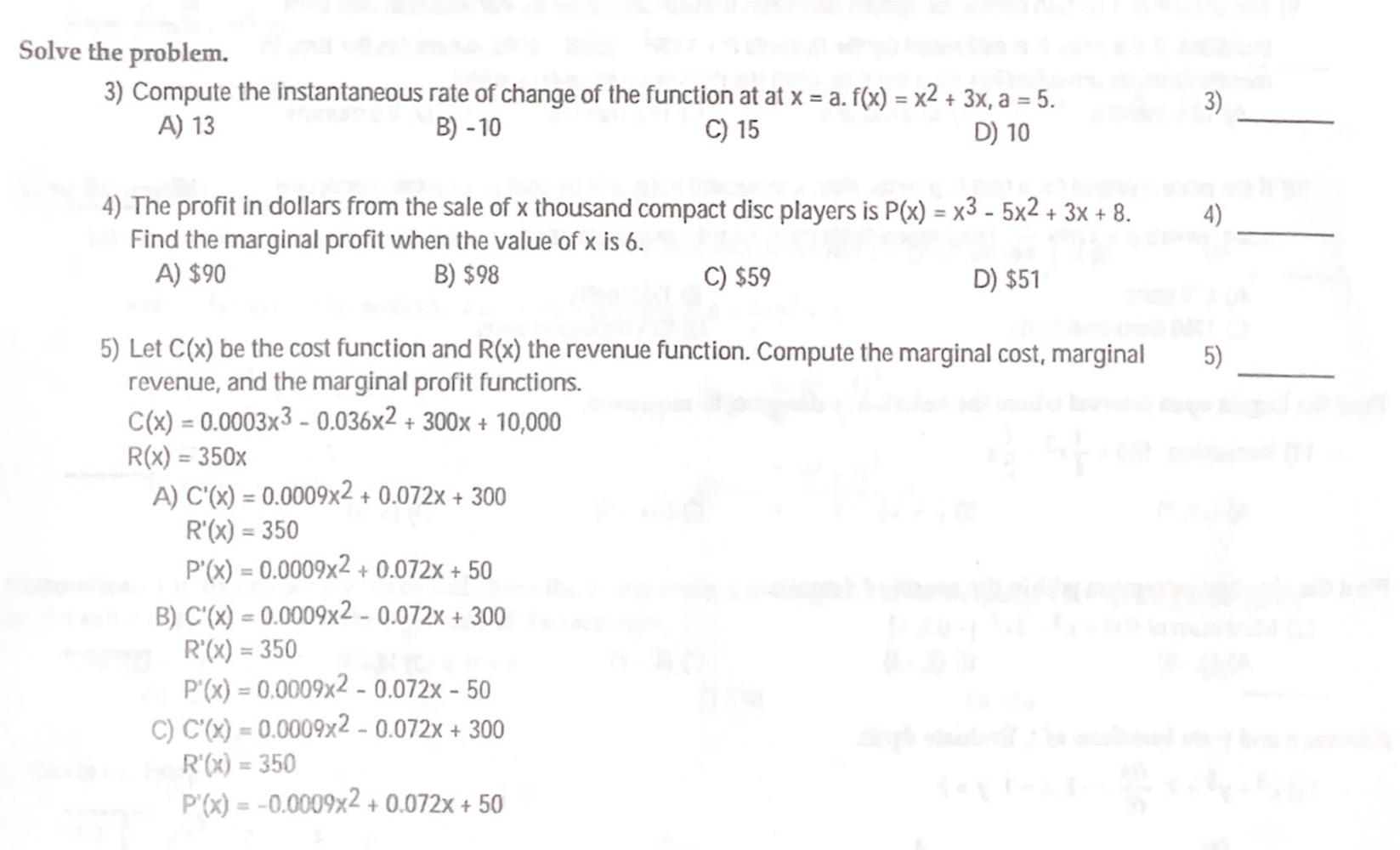 Solve The Problem 3 Compute The Instantaneous Rate Of Change Of The Function At At X A F X X2 3x A 5 A 13 1