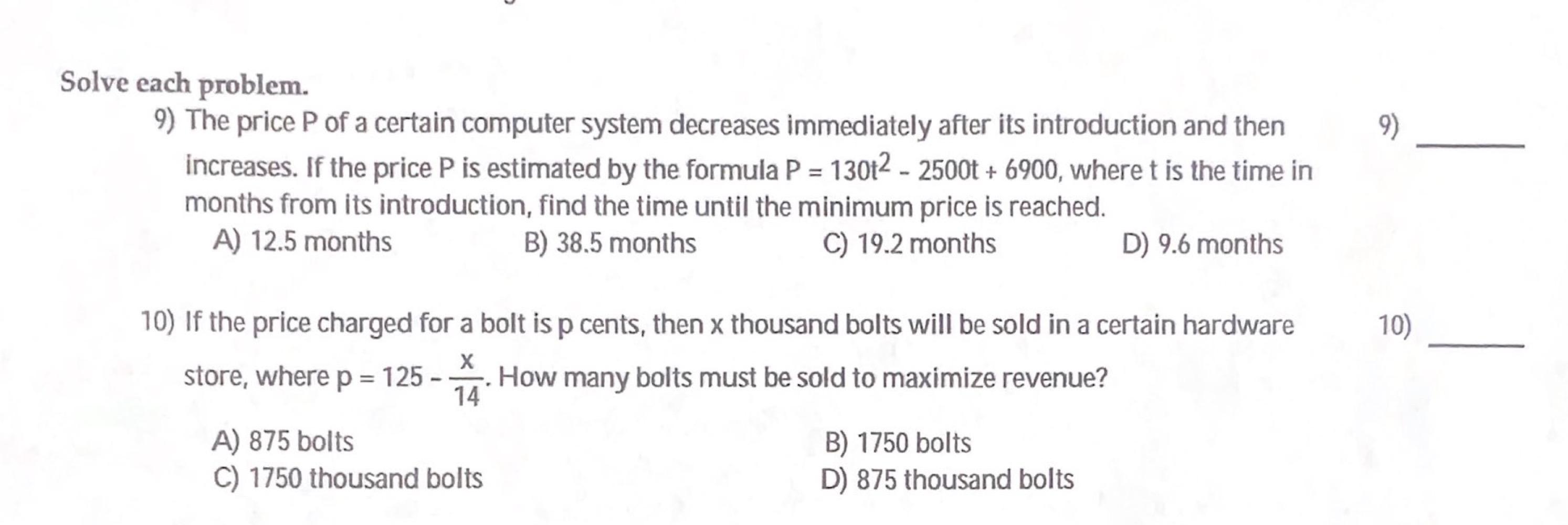 Solve Each Problem 9 The Price P Of A Certain Computer System Decreases Immediately After Its Introduction And Then In 1