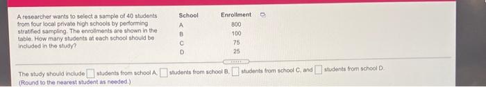 A Researcher Wants To Select A Sample Of 40 Students From Four Local Private High Schools By Performing Stratified Sampl 1