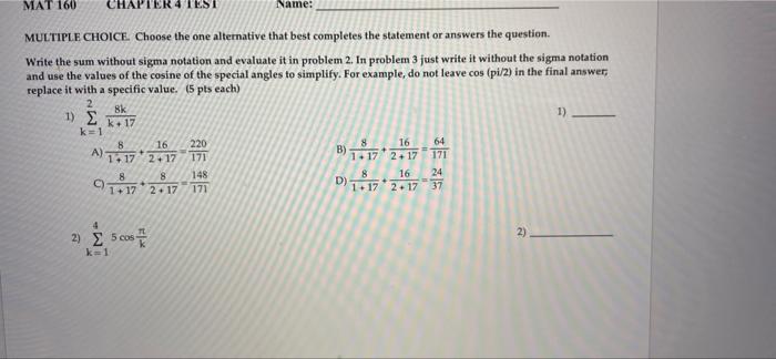 Mat 160 Chapter 4 Test Name Multiple Choice Choose The One Alternative That Best Completes The Statement Or Answers Th 1