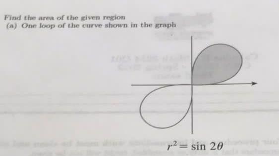 Find The Area Of The Given Region A One Loop Of The Curve Shown In The Graph R2 Sin 20 1