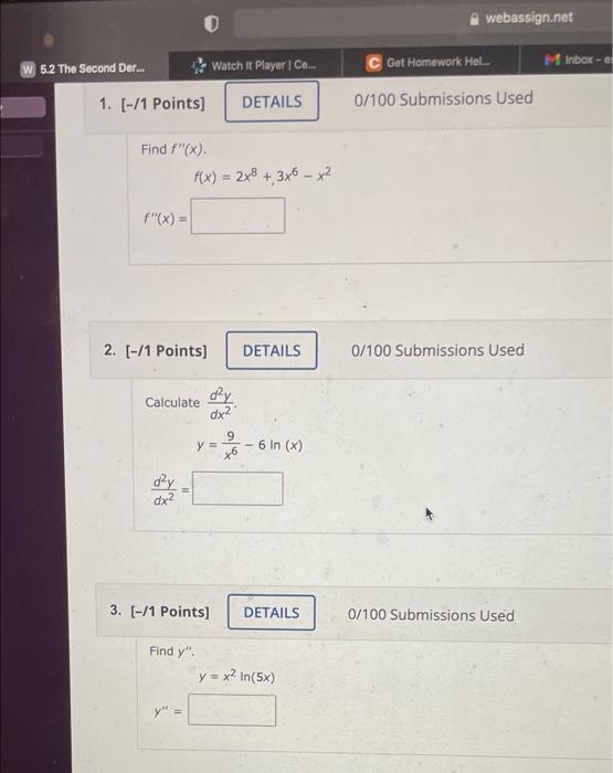 Webassign Net Watch It Player Co Get Homework Hel W 5 2 The Second Der Minbox 1 1 Points Details 0 100 Su 1