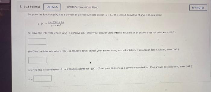 9 3 Points Details 0 100 Submissions Used My Notes Suppose The Function Has A Domain Of All Real Numbers Except X 1