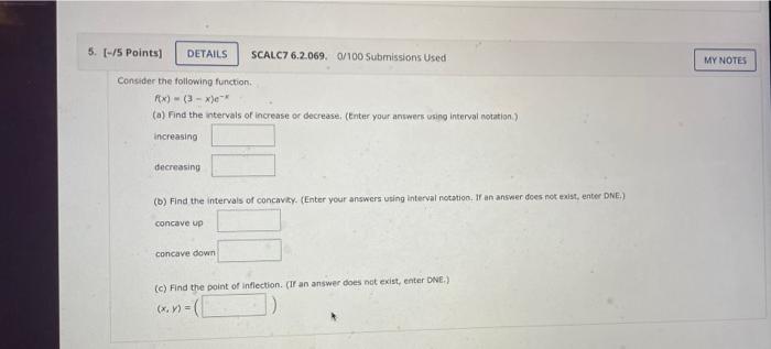 5 5 Points Details Scalc7 6 2 069 0 100 Submissions Used My Notes Consider The Following Function Fx 3 X A F 1