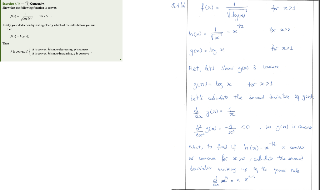 Q1b F X For 271 Exercise 4 14 1convexity Show That The Following Function Is Convex 1 For X 1 Vlog X Justify Y 1