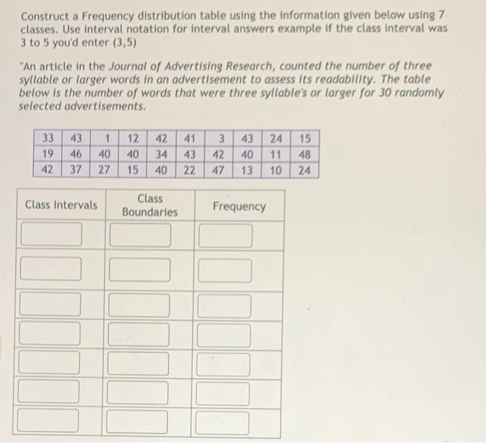 Construct A Frequency Distribution Table Using The Information Given Below Using 7 Classes Use Interval Notation For In 1