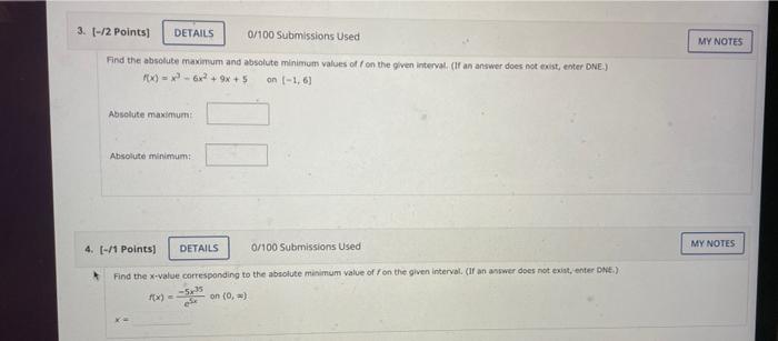 3 12 Points Details 0 100 Submissions Used My Notes Find The Absolute Maximum And Absolute Minimum Values Off On The 1