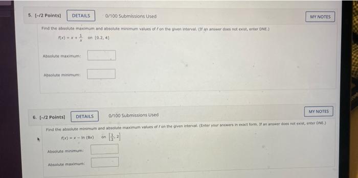 5 2 Points Details 0 100 Submissions Used My Notes Find The Absolute Maximum And Absolute Minimum Values Off On The 1