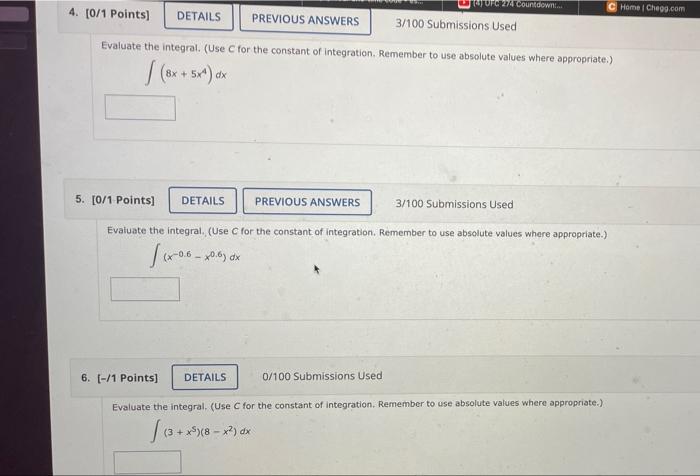 274 Countdown Home Chegg Com 4 O 1 Points Details Previous Answers 3 100 Submissions Used Evaluate The Integral Use 1