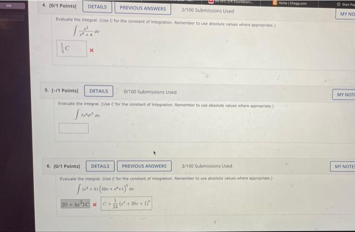 Chama Chegg Com 00 4 0 1 Points Details Startpac Previous Answers 2 100 Submissions Used My No Evaluate The Integral 1