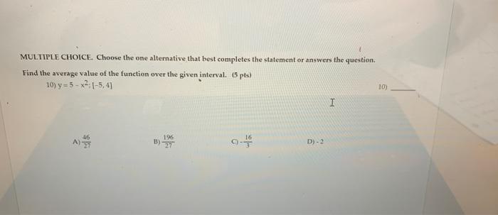 Multiple Choice Choose The One Alternative That Best Completes The Statement Or Answers The Question Find The Average 1