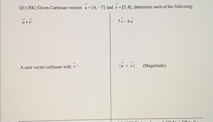 Q1 Sk Given Cartesian Vectors U 4 7 And V 13 8 Determine Each Of The Following Uv U V 70 6u A Unit Vect 1