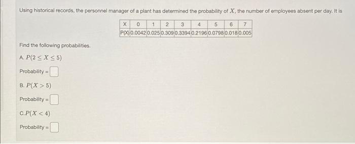 5 6 7 Using Historical Records The Personnel Manager Of A Plant Has Determined The Probability Of Xthe Number Of Employ 1