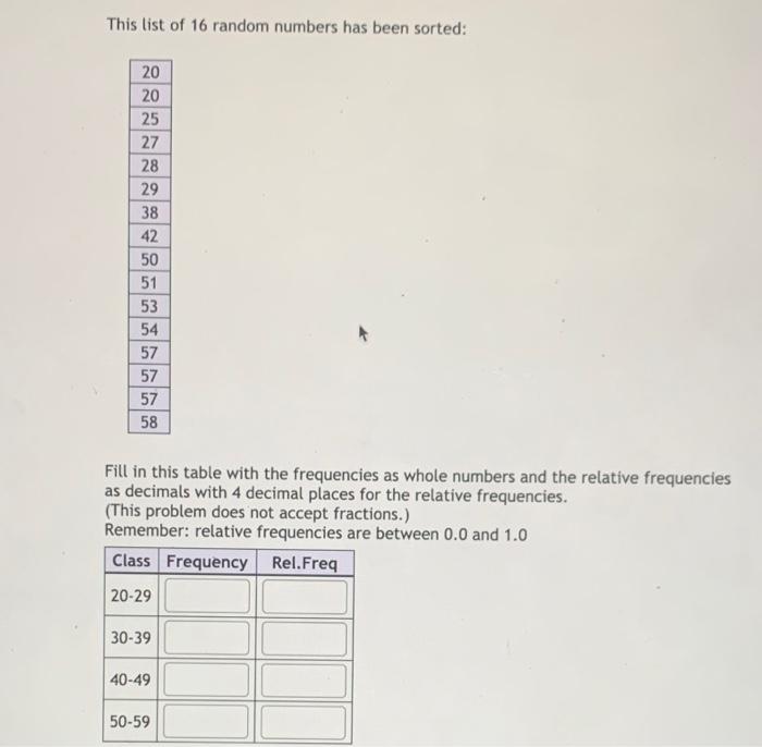 This List Of 16 Random Numbers Has Been Sorted 20 20 25 27 28 29 38 42 50 51 53 54 57 57 57 58 Fill In This Table With 1