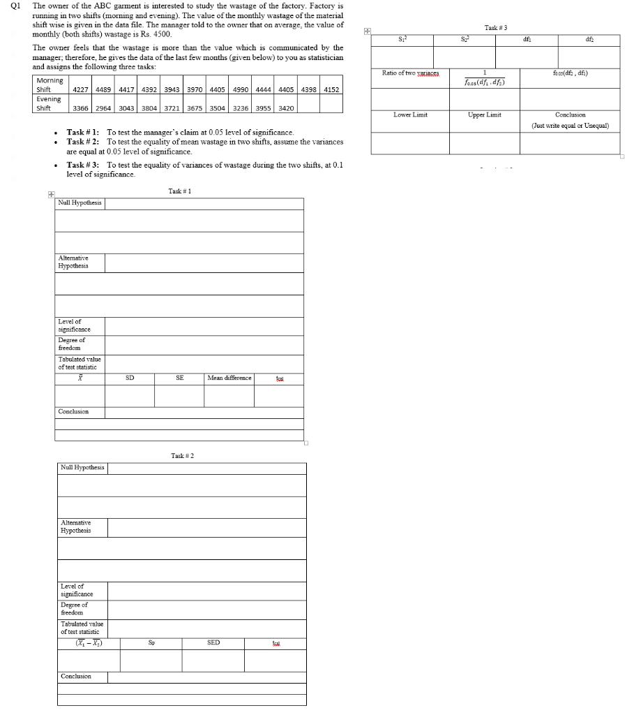 Q1 Task 3 S12 Sy Dfi Df The Owner Of The Abc Garment Is Interested To Study The Wastage Of The Factory Factory Is Run 1