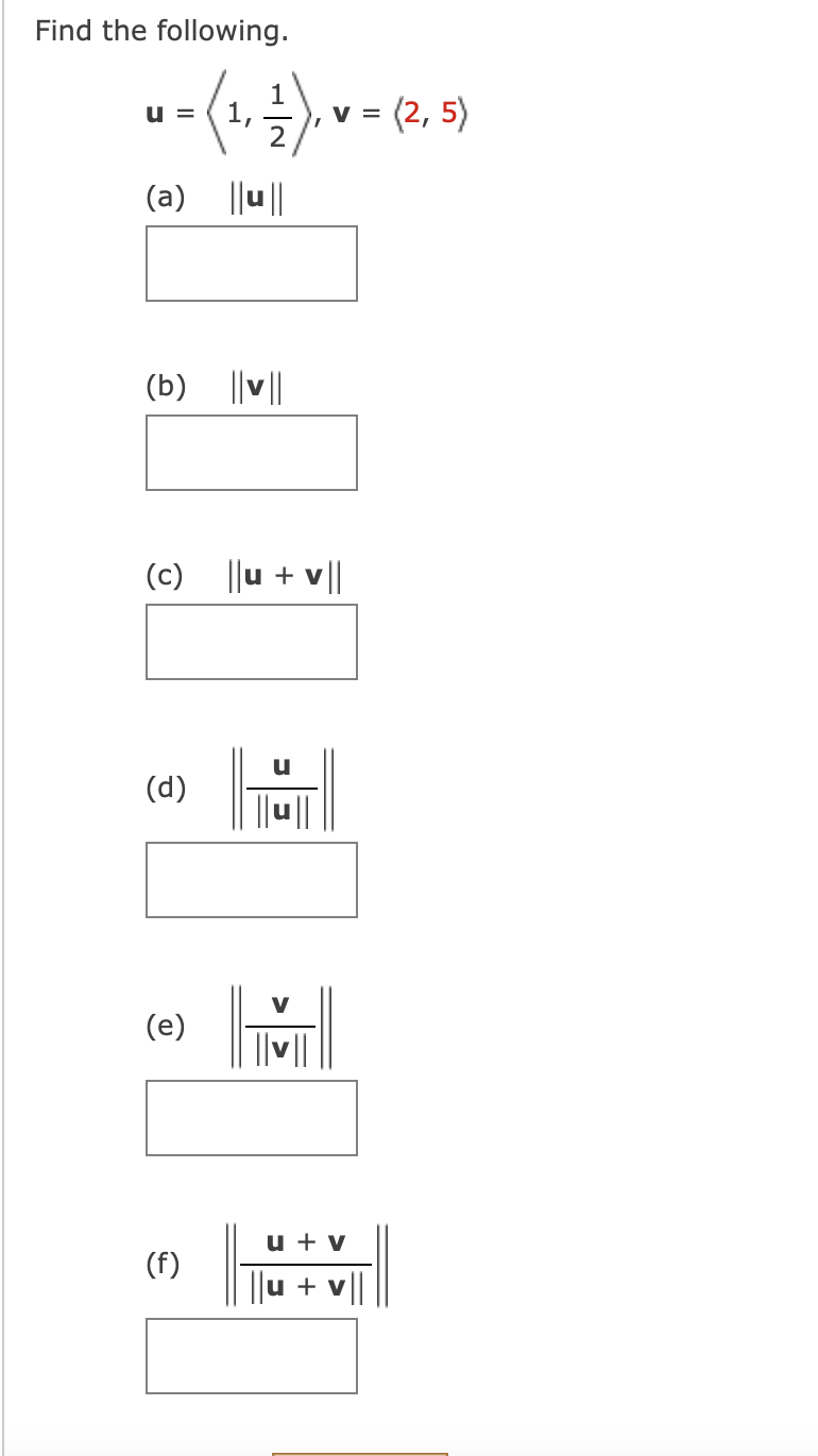 Find The Following U 1 7 1 V 2 5 2 A B V C Lu V U D V E U V F U V 1