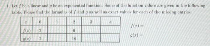 1 Let F Be A Linear And Y Be An Exponential Function Some Of The Function Values Are Given In The Following Table Ple 1