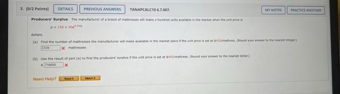 3 10 2 Points Details Previous Answers Tanapcalc10 6 7 007 My Notes Practice Another Producers Surplus The Manufactur 1