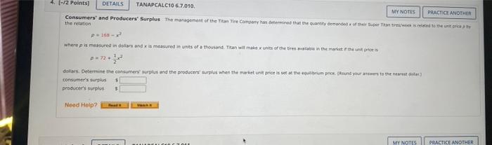 4 1 2 Points Details Tanapcalc10 6 7 010 My Notes Practice Another Consumers And Producers Surplus The Management Of 1