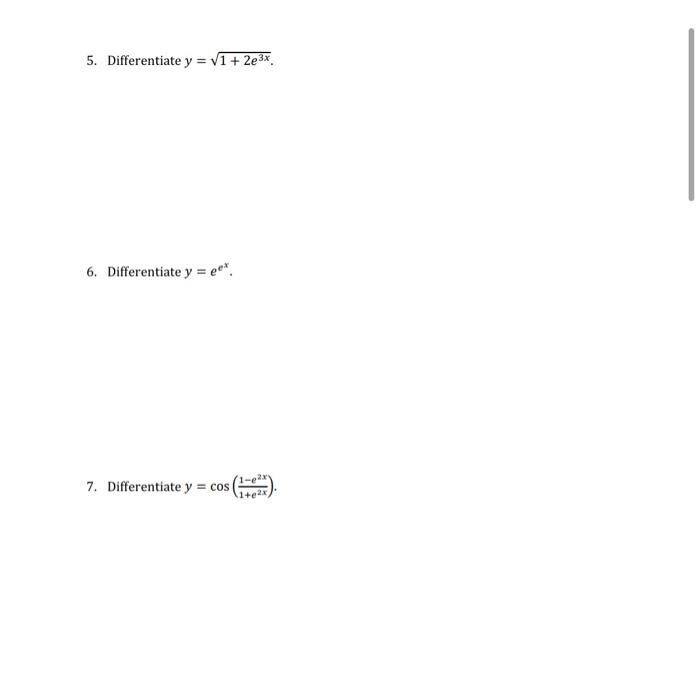 5 Differentiate Y V1 2e3x V 6 Differentiate Y Ec 7 Differentiate Y Cos 1 23 1 2x 1