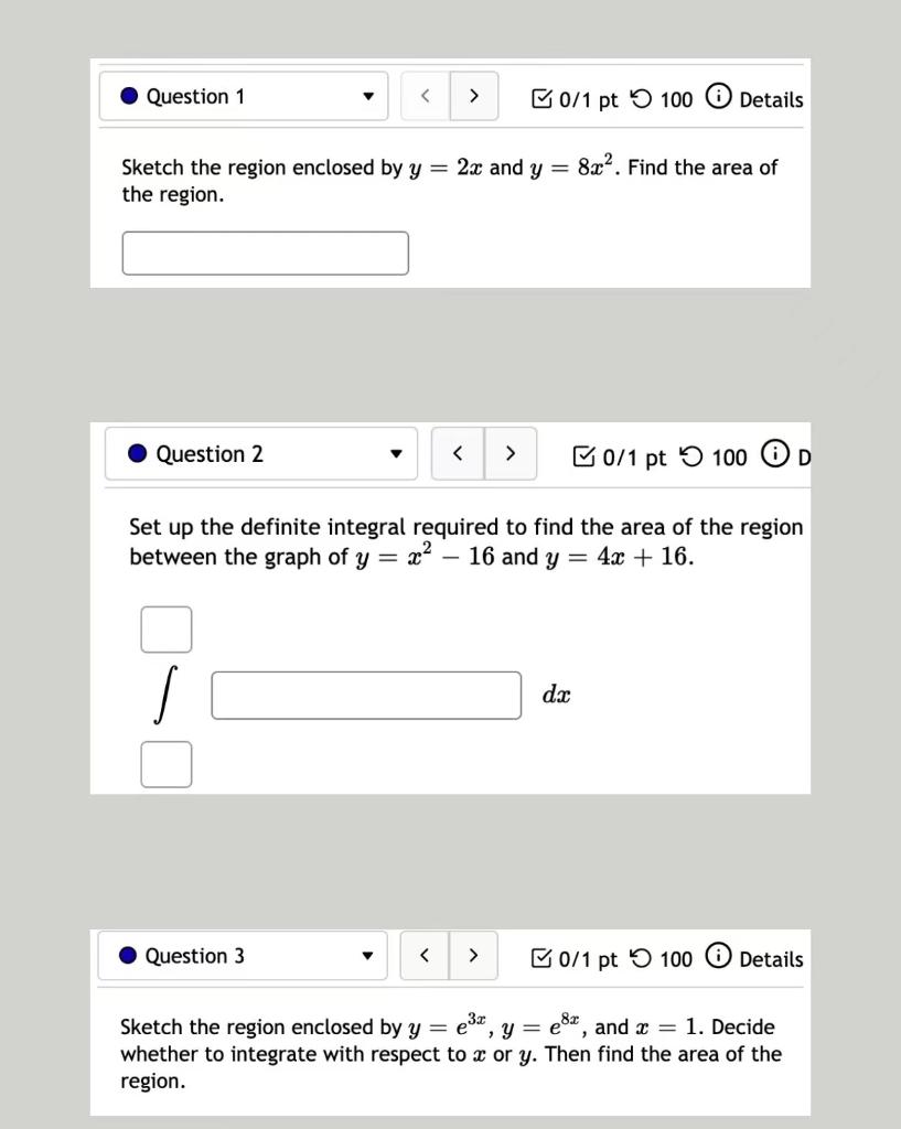 Question 1 V 50 1 Pt 100 Details 802 Find The Area Of Sketch The Region Enclosed By Y 2x And Y The Region Ques 1