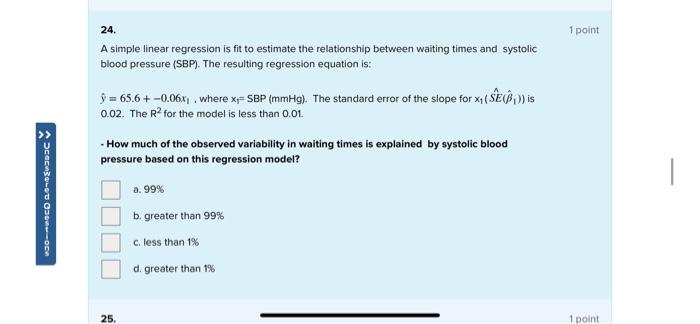 24 1 Point A Simple Linear Regression Is Fit To Estimate The Relationship Between Waiting Times And Systolic Blood Pres 1