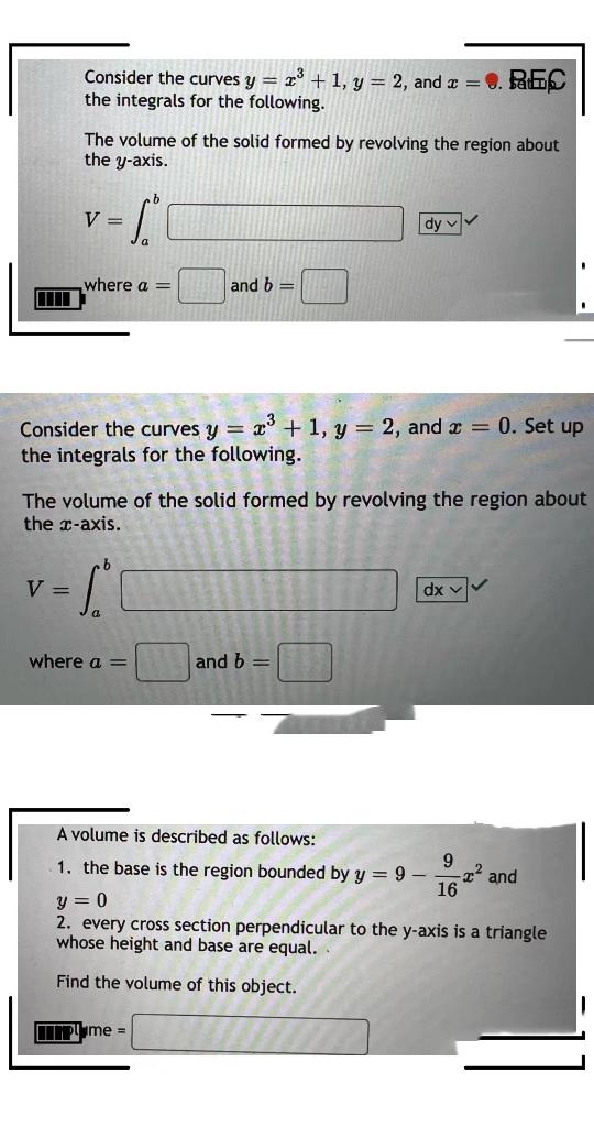 Consider The Curves Y X 1 Y 2 And I Pec The Integrals For The Following The Volume Of The Solid Formed By 1