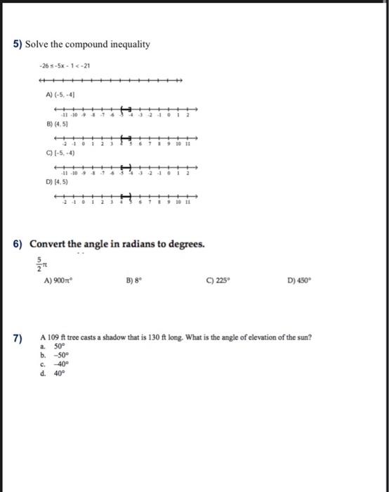 5 Solve The Compound Inequality 265 5x 12 21 A 5 41 11 10 B 4 51 C 1 5 1 D 14 5 9 10 11 6 Convert The Ang 1