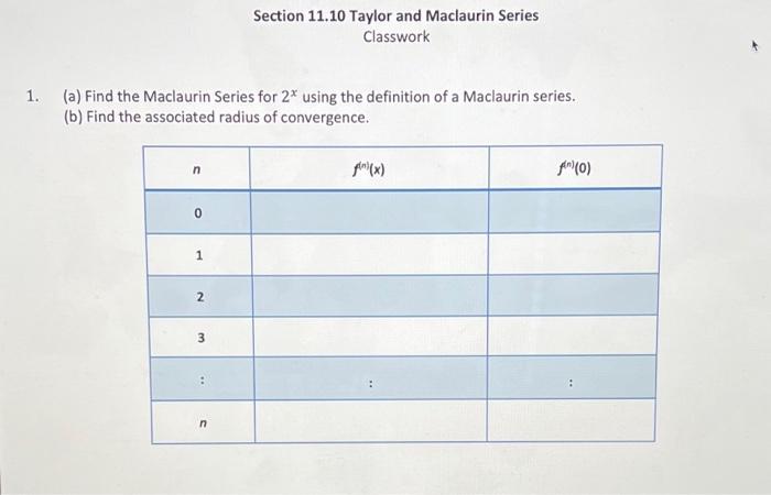 Section 11 10 Taylor And Maclaurin Series Classwork 1 A Find The Maclaurin Series For 2 Using The Definition Of A Ma 1