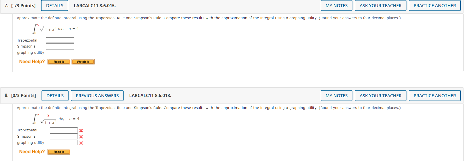 7 3 Points Details Larcalc11 8 6 015 My Notes Ask Your Teacher Practice Another Approximate The Definite Integral 1
