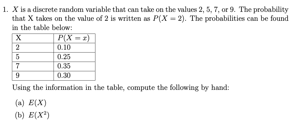 X 1 X Is A Discrete Random Variable That Can Take On The Values 2 5 7 Or 9 The Probability That X Takes On The Va 1