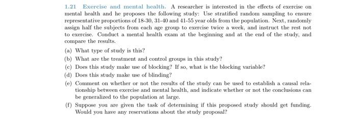 1 21 Exercise And Mental Health A Researcher Is Interested In The Effects Of Exercise On Mental Health And He Proposes 1