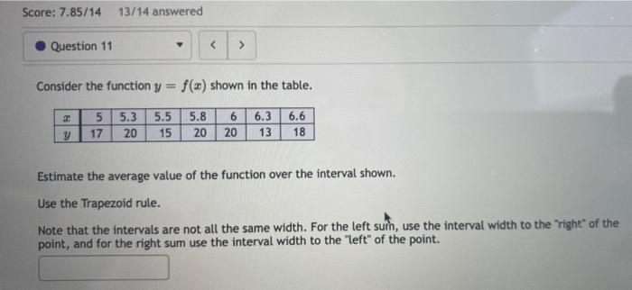 Score 7 85 14 13 14 Answered Question 11 Consider The Function Y F X Shown In The Table 2 6 3 5 17 Von 5 3 20 5 1