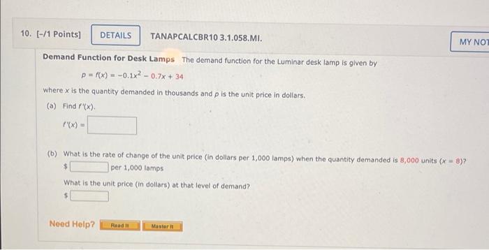 10 1 Points Details Tanapcalcbr10 3 1 058 Mi My Not Demand Function For Desk Lamps The Demand Function For The Lum 1