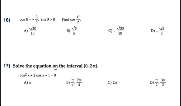 16 3 Cos Sin 0 0 Find Cos 130 10 Kan 130 A 15 B C D 10 17 Solve The Equation On The Interval 0 27t Cos2 X 1