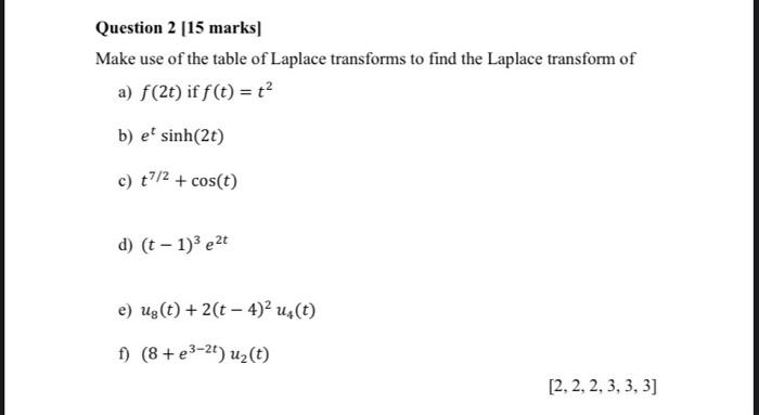 Question 2 15 Marks Make Use Of The Table Of Laplace Transforms To Find The Laplace Transform Of A F 2t If F T B 1